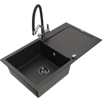 Mexen Leo granitinė vienos sekcijos plautuvė su nusausintuvu ir Duo virtuviniu maišytuvu, juodas/auksinis metalikas