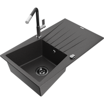 Mexen Cesar granito plautuvė su viena kriaukle, lašintuvu ir virtuvės maišytuvu Flora, juoda dėmėta - 6514-76-670401-07-B