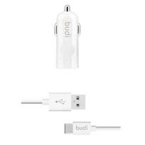 USB automobilinis įkroviklis - Budi - Modelis su LED indikatoriumi - USB Type-C laidas - 5V 2,4A - Baltas