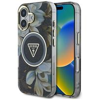Guess Blizgučiai Gėlės Trianguliniai Mygtukai MagSafe dėklas iPhone 16 juodas