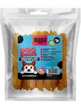 BUBU PETS šunų skanėstai – daug vitaminų turinčios saldžiųjų bulvių ir menkės filė juostelės, 500 g.