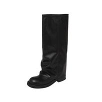 Cowhide version retro platform high tube leather boots fat mm big tube circumference round head thick heel trouser tube boots women's western boots 35