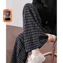 Sibashea Women's Fleece-lined Plaid Wide-Leg Casual Pants L tamsiai mėlynos languotos spalvos