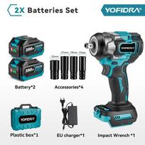 YOFIDRA  Belaidis elektrinis smūginis veržliasukis, 5 pavaros, 1/2'' Akumuliatorinis suktuvas, Automobilių remonto elektrinis įrankis, Skirtas Makita 18V akumuliatoriui 2 Battery (Plastic Box)