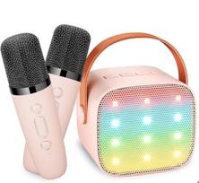 Mikro Karaokė Vaikams Suaugusiems su 2 Belaidžiais Mikrofonais Nešiojama Bluetooth LED Karaokė Kolonėlė Mergaitei Kalėdinė Dovana Vaikiškas Žaislas rožinė
