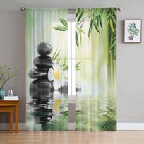 Orchidėjų akmenys Bambuko Zen Tiulio Užuolaidos Svetainei Miegamojo Dekoras Modernios Šifono Plonos Voile Virtuvės Langui Užuolaida 1 PCS W100XH250cm&Rod Pocket