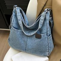 Vintage Denim Shoulder Bag Women's Large Capacity Messenger Bag Multi-pockets Satchel Adjustable Strap Ladies Crossbody Bag KTY 30x10x32cm juoda
