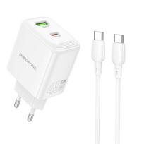 Borofone kelioninis įkroviklis BN30 Cargador GaN – USB + Type C – QC 3.0 PD 45W with Type C to Type C cable baltos spalvos