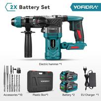 YOFIDRA 26MM bešepetėlinis elektrinis perforatorius smūginis gręžtuvas daugiafunkcis belaidis atsuktuvas sukamasis įrankis Makita 18V baterijai 2Battery-10Pcs set