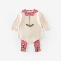 Autumn 2025 Baby Floral Collar Romper & Embroidered Leggings Set 73 cm smėlis