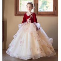 Mergaičių bordo pūstas tiulio vakarinė suknelė – prabangi princesės suknelė pianino pasirodymui 130cm (Height 125-135cm/Weight 25-30kg) bordinė