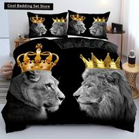 2/3pcs Luxurious Crown Lion King and Queen Leopard Printed Duvet Cover Set - Soft, Vibrant, and Durable Bedding for Bedroom Gift EU single(135x200cm)