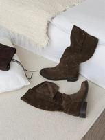 Cowhide version thin pleated piled boots women's boots thick heel retro two wear western boots suede versatile knight boots 35