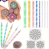 16 vnt. Mandala taškavimo įrankių rinkinys, plastikinis rankdarbių rinkinys tapybai ant akmenų, keramikos, meno - apima akrilinius strypus, trafaretus ir dažų padėklą