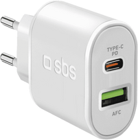 SBS - Netzteil - 20 Watt - 3 A - Fast Charge, PD - 2 Ausgabeanschlussstellen (USB, 24 pin USB-C) - weiß - Europa (TETRPD20W)