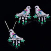 Needle Creative Personalized Fringed Bird Set Micro-Inlaid Zircon Earrings Necklace Two-Piece Set
