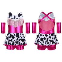 Girls Cowgirl Costume for Cosplay Party Metallic Gloss Cross Back Straps Fringed Dress with Built-in Shorts 5-6 Years raudona