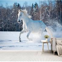 White Horse Running On Snow Murals Wallpaper Living Room TV Bedroom Art Wall Mural 200 cm(W) x 140 cm(H)
