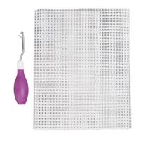 Užsegimo kabliuko įrankis ir kilimėlio rišimo tinklelio rinkinys su gumine rankena, išlenkta užsegimo kabliuko nėrimo adata, 50x50 cm tinklelis violetinė