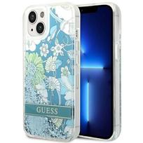 Guess GUHCP14SLFLSN iPhone 14 6.1" žalias / žalias kietasis dėklas gėlių skysčio blizgučiai