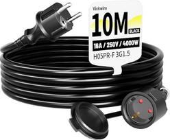 "Vickwire" guminis ilgintuvas 10 m išorinis kabelis Kabelių ilgintuvai su apsauginiu kontaktiniu kištuku "Schuko" ilgintuvas 16 A/250 V, juodas, H05RR-F 3G 1,5 mm²