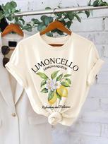 Moterų Limoncello citrinų likerio grafinio spaudinio marškinėliai - trumparankoviai, apvalia apykakle, kasdieniai viršutiniai drabužiai su citrinų ir gėlių dizainu S