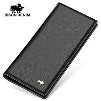 BISON DENIM prabangios natūralios odos vyriškos piniginės, ilgos plonos, dvipusės kreditinės kortelės laikiklio piniginė piniginė juoda