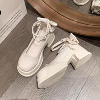 Single shoes women's 2025 spring new Korean version fashion thick heel thick sole non-slip bow pearl casual Mary Jane shoes 35 smėlis