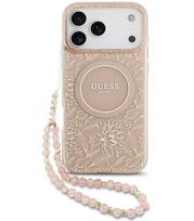 Rožinis dėklas Apple iPhone 17 Pro Max telefonui "Guess IML Flowers Allover Strap MagSafe Case"
