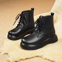 2025 A/W Women's British Style Genuine Leather Martin Ankle Boots with Thick Soles, Retro Fleece-Lining, and Wool to Toe Snow Protection 36