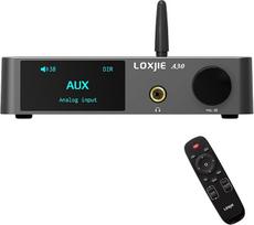 "Loxjie A30" D klasės namų garso stiprintuvas su DAC, "HiFi" ir ekvalaizerio režimais, palaiko APTX NJW1194 BT 5.0 su USB įvestimi, ausinėmis, žemų dažnių garsiakalbio išvestimi ir nuotolinio valdymo pultu