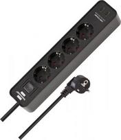 Extension 4-socket+2x USB-C, 1.5m H05VV-F 3G1.5, with switch, IP20, black, Ecolor 1153240106 | 4007123691135