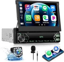 CAMECHO automobilinis radijas 1 DIN su belaidžiu "Carplay", 7 colių jutiklinis "Bluetooth" radijo imtuvas su rankiniu išplečiamu ekranu ir "Android Car Mirror Link" FM/AM RDS valdymas vairu USB/AUX + atbulinės eigos kamera