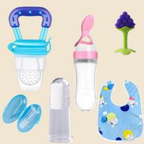 Kūdikio maitinimo ir priežiūros rinkinys – šaukštelis-buteliukas, vaisių maitintuvas, kramtukas, valymo šepetėlis ir silikoninis seilinukas Pack of 5