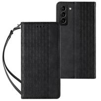 Magnetinio dirželio dėklas Samsung Galaxy S22 + (S22 Plus) piniginė + mini virvelė juoda