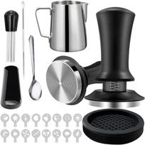 7 vnt. Kavos presavimo rinkinys, Kavos aparato priedų rinkinys, Pieno plakimo indelis 12oz/350ml su 51mm Espresso presavimo rinkiniu, WDT įrankis, Kavos maišiklis juoda