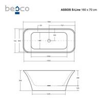 Vonia Besco Assos S-Line Black&White Matt, 160 x 70 cm, su klik-klak black valomu iš viršaus