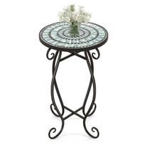 Costway apvalus šoninio stalo mozaikinis staliukas iš metalo ir keramikos ∅30 x 50 cm balkonui, terasai, sodui