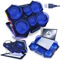 Aušinimo padas AABCOOLING Hurricane, 6 Ventiliatorių (4x 92 mm + 2x 70 mm), Reguliuojamas leņķis (7 pozicijų), Priekinis fiksatorius 22 mm, RGB šoninis apšvietimas, 2x USB, Tylus nuo 15 dB, Tinka 10-17" Kompiuteriams, universal