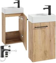 Vonios spintelė su praustuvu ąžuolas craft + juodas maišytuvas + sifonas 40 Small