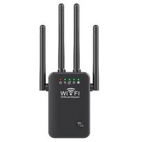 Belaidis signalo stiprintuvas su 4 antenomis, 2,4 GHz WiFi diapazono plėtikliu, eterneto prievadu, WEP, WPA ir WPA2 palaikymu, kartotuvo, AP ir maršruto parinktuvo režimais, skirta išplėsti aprėptį ir saugius ryšius, juoda