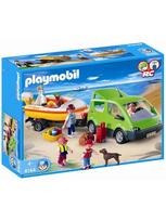 PLAYMOBIL – šeimyninis automobilis ir valtis – 4 simboliai – valties priekaba – šuo – priedai