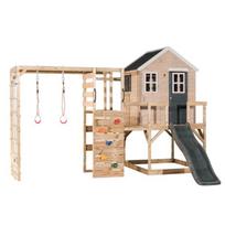 Vaikiškas medinis žaidimų namelis su čiuožykla, laipiojimo sienele, Wendi Toys M22G-G, pilka, 360 x 340 x 242 cm