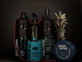 Rinkinys Nishman vyrams: plaukų formavimo vaškas, 100 ml + veido šveitimo gelis, 200 ml + losjonas po skutimosi, 400 ml + plaukų tonikas, 400 ml