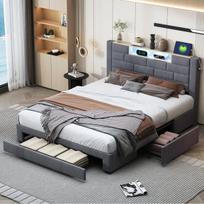 Lova 140 × 200 cm, su LED apšvietimu ir USB jungtimi,Dvigulė lova su trimis stalčiais, pilka, lininė