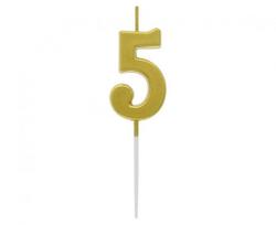 Žvakė numeris 5, auksinės spalvos, 9,5x2,3 cm