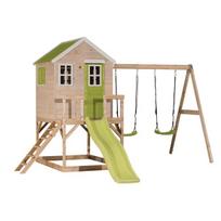 Vaikų medinė žaidimų aikštelė, žaidimų namelis su sūpynėmis, Wendi Toys M28L, žalias, 330 x 405 x 242 cm