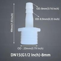 Plastikinis žarnos jungties adapteris su sriegiu, G1/2–8 mm (5/16 colių)