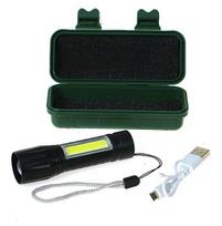 LED žibintuvėlis metaliniame dėkle, USB įkrovimo laidas + plastikinė dėžutė