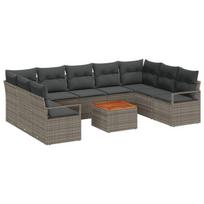 10 dalių Sodo Sofa Komplektas su Pagalvėmis Pilka Poli Ratanas Akacija,2-seater Sodo Sofa su Pagalvėmis Pilka Poli Ratanas